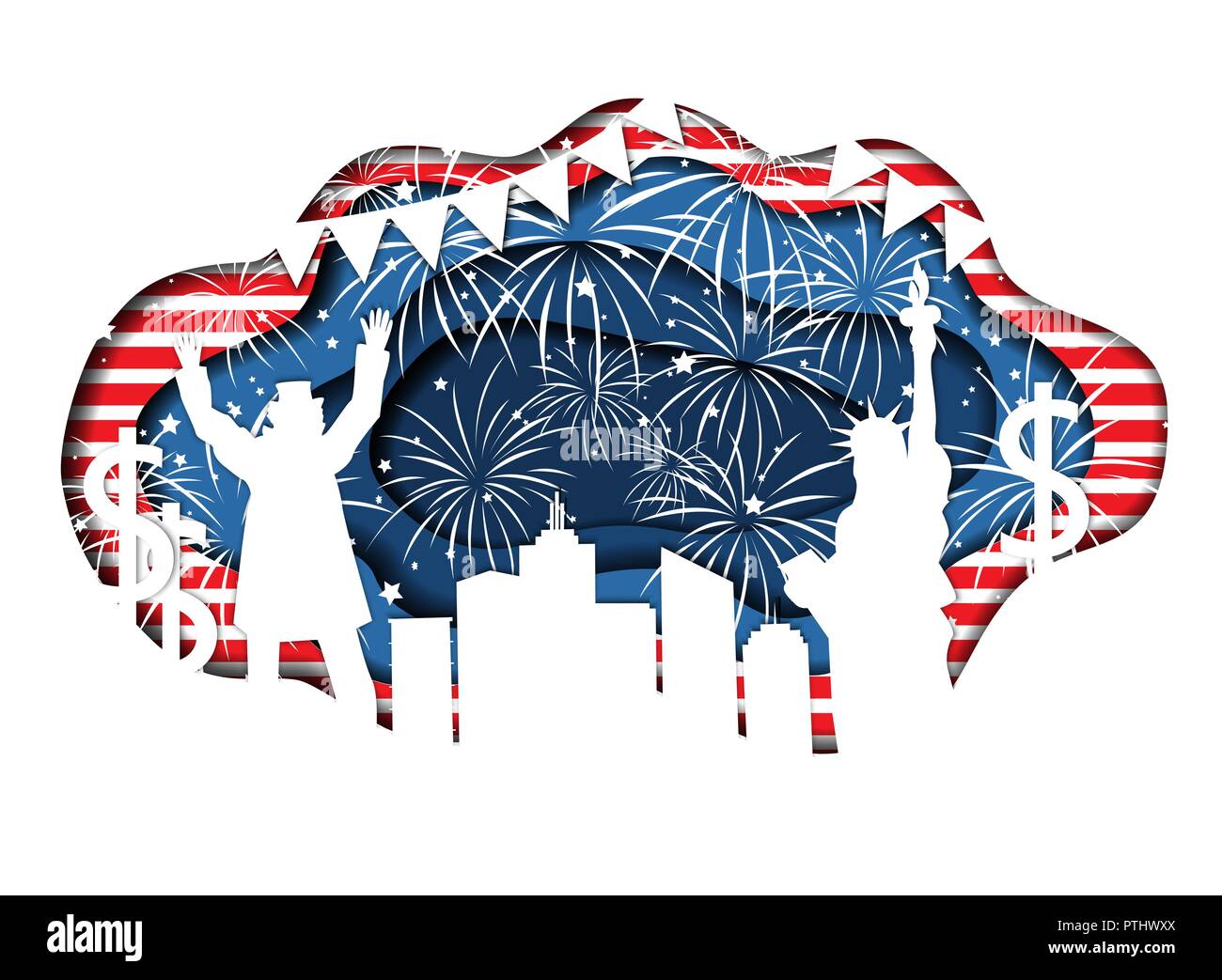 Stylish paper cut banner for Independence Day July 4 USA with Statue of Liberty, Uncle Sam, lights, stars, and city silhouette. Vector illustration. N Stock Vector