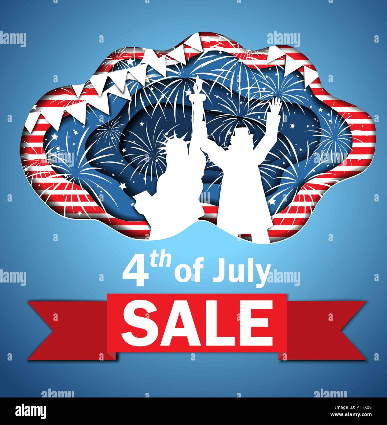 Independence Day Sale. Funny paper cut banner for Independence Day July 4 USA with Statue of Liberty and Uncle Sam together. Vector illustration. Nati Stock Vector