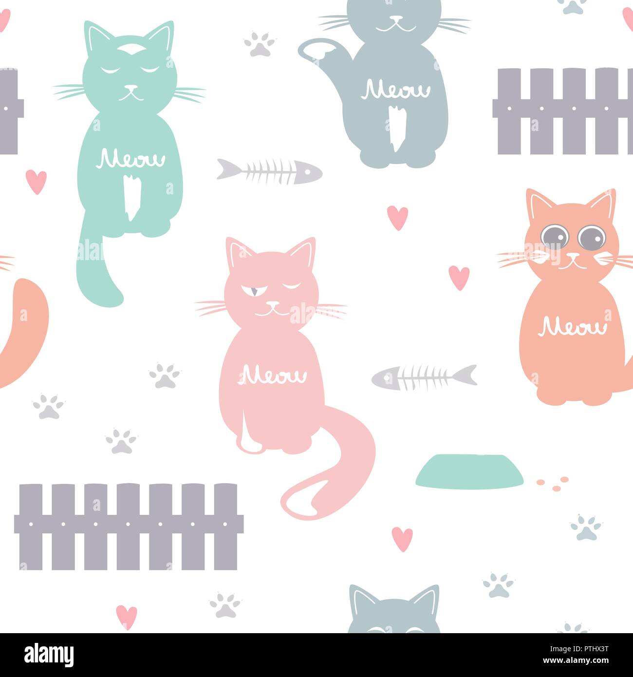 Cute cats seamless pattern. Pastel palette. Cats, fence, feed, and hearts Vector illustration Stock Vector