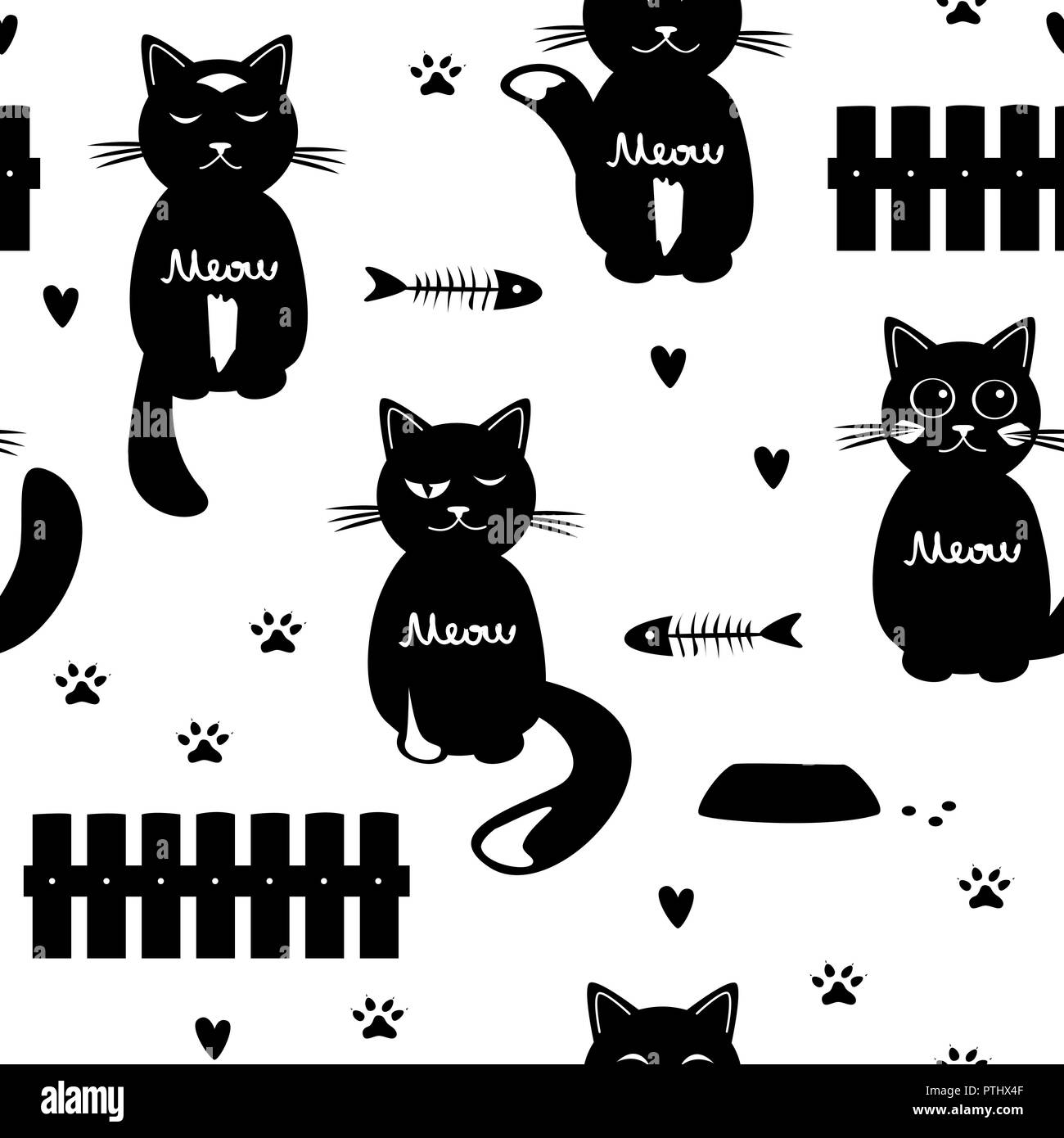 Cute cats seamless pattern. Black and white. Cats, fence, feed, and hearts Vector illustration Stock Vector