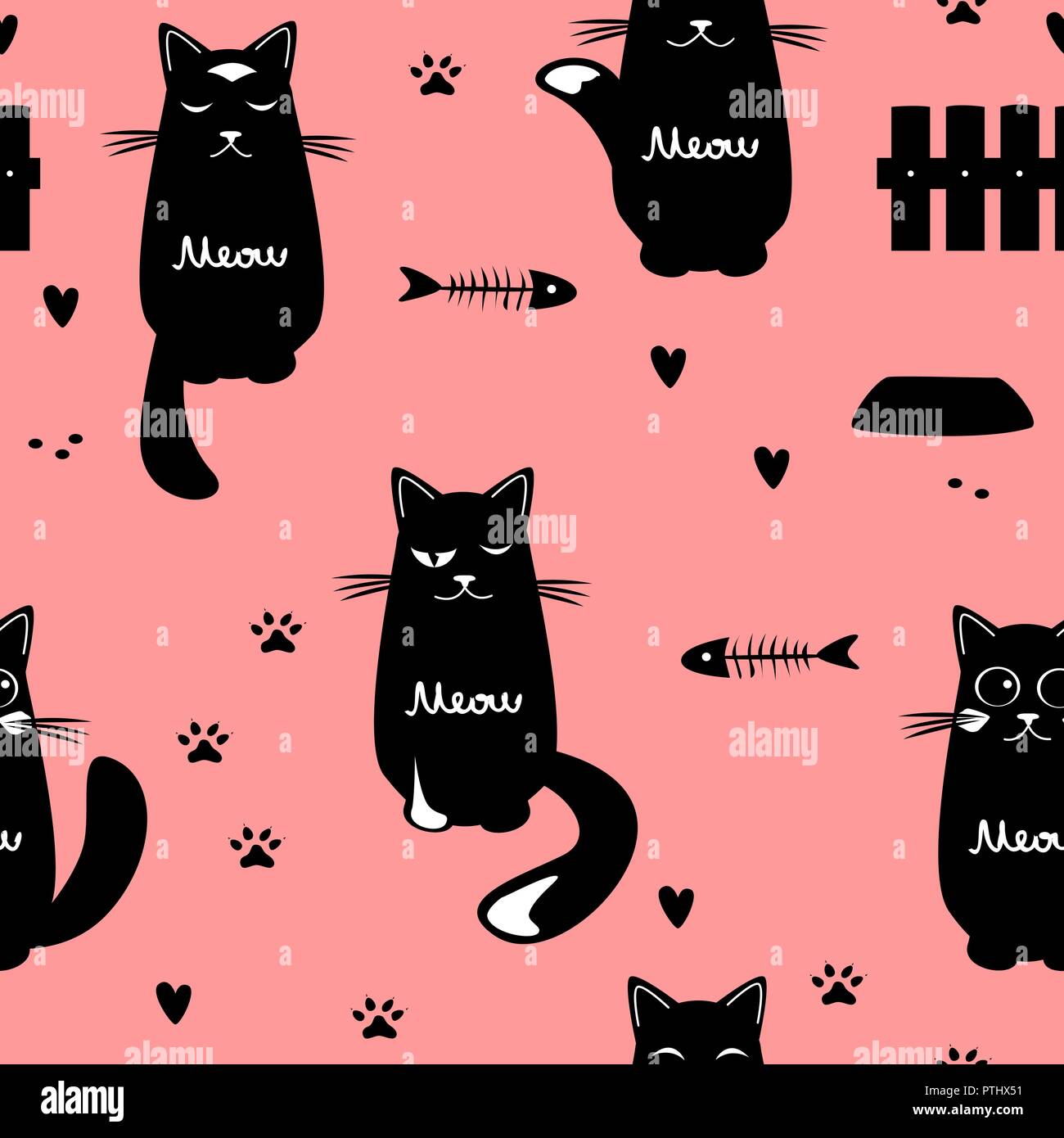 Cute cats seamless pattern. Black and white. Cats, fence, feed, and hearts on the pink background. Vector illustration Stock Vector
