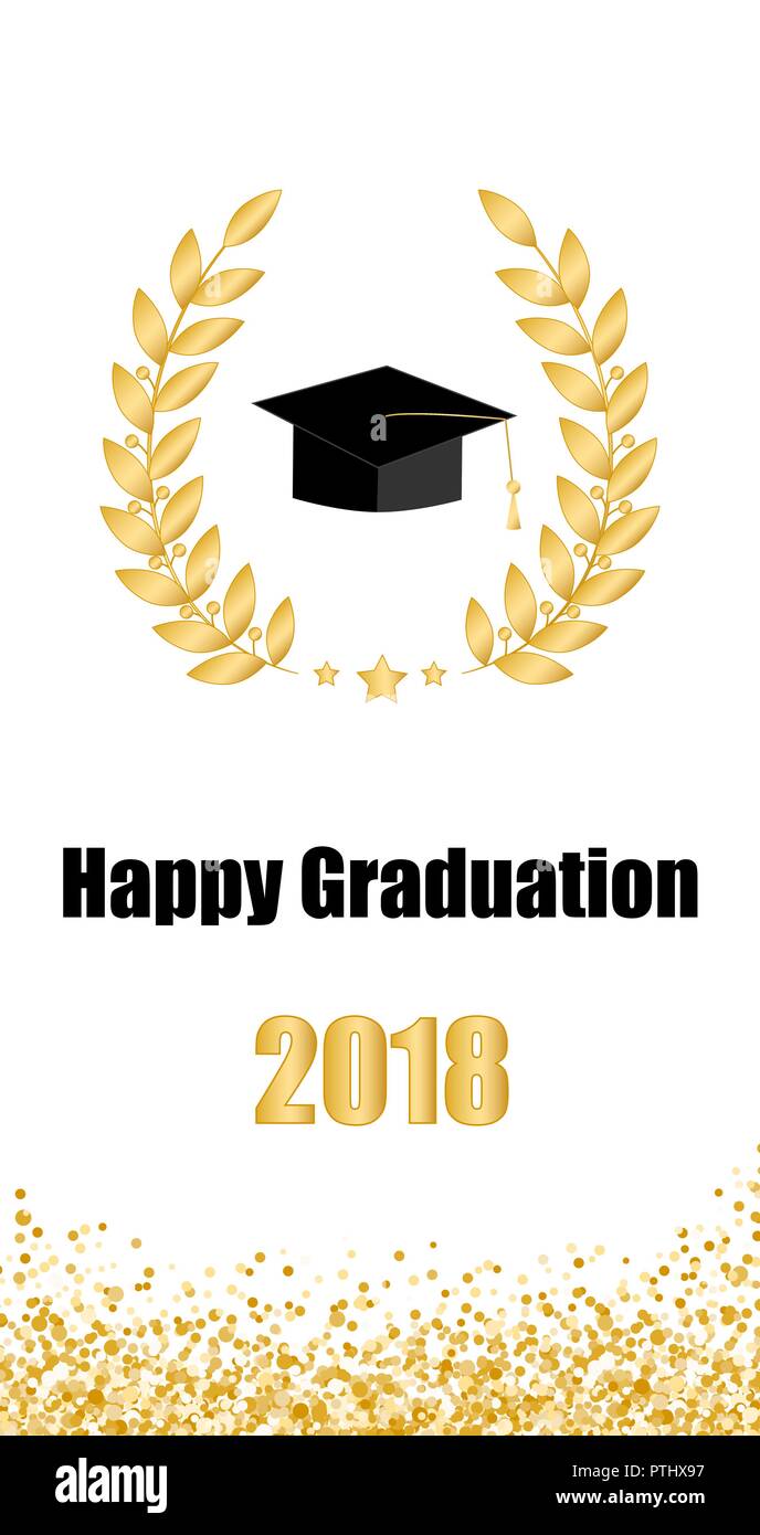 Graduate card. Class of 2018. Education symbol. Graduation hat. Laurel wreath. Stock Vector