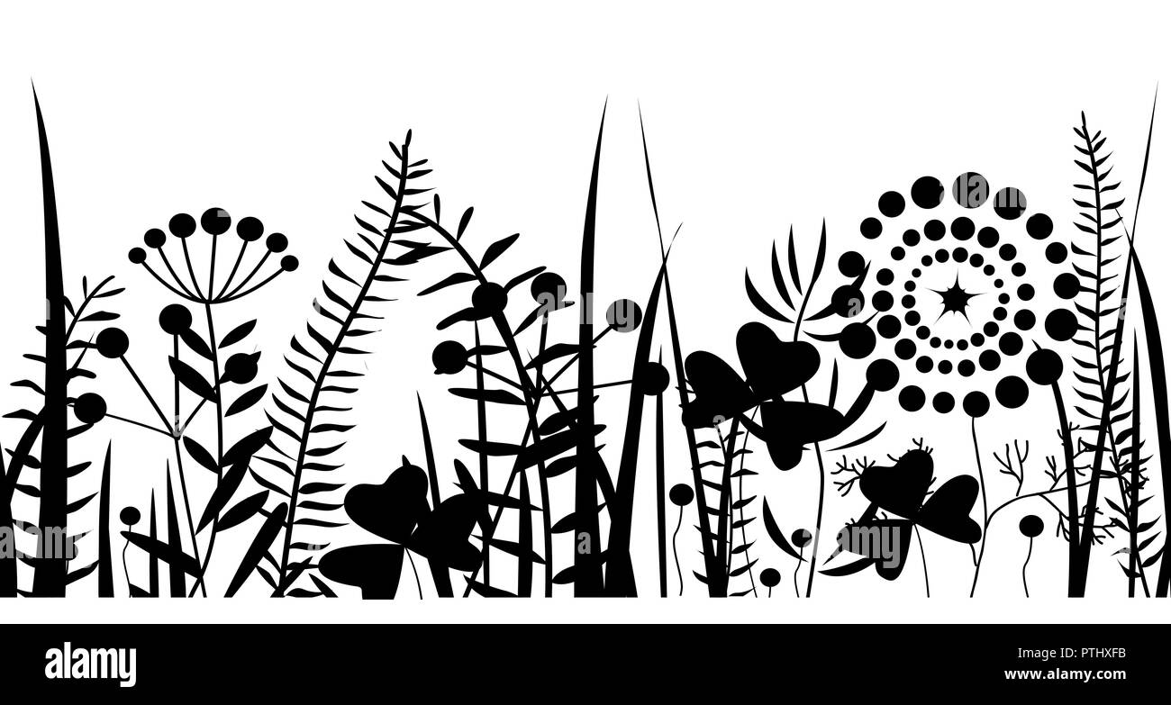 Spring Black Grass Silhouette Seamless Background Vector Pattern