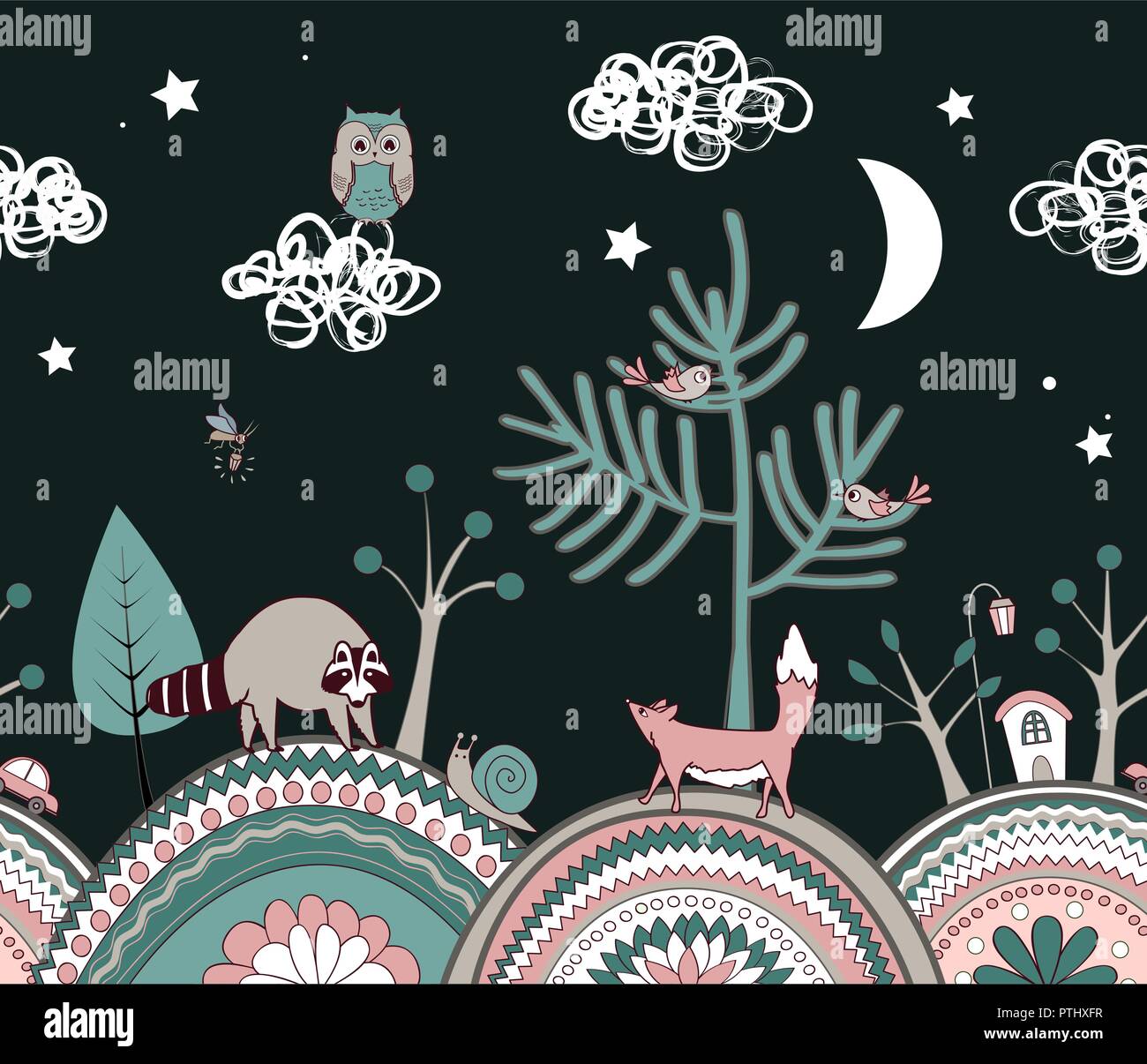Cute doodle kids seamless pattern with ornamented hills, and cartoon trees and animals. Fairy night vector illustration. Stock Vector