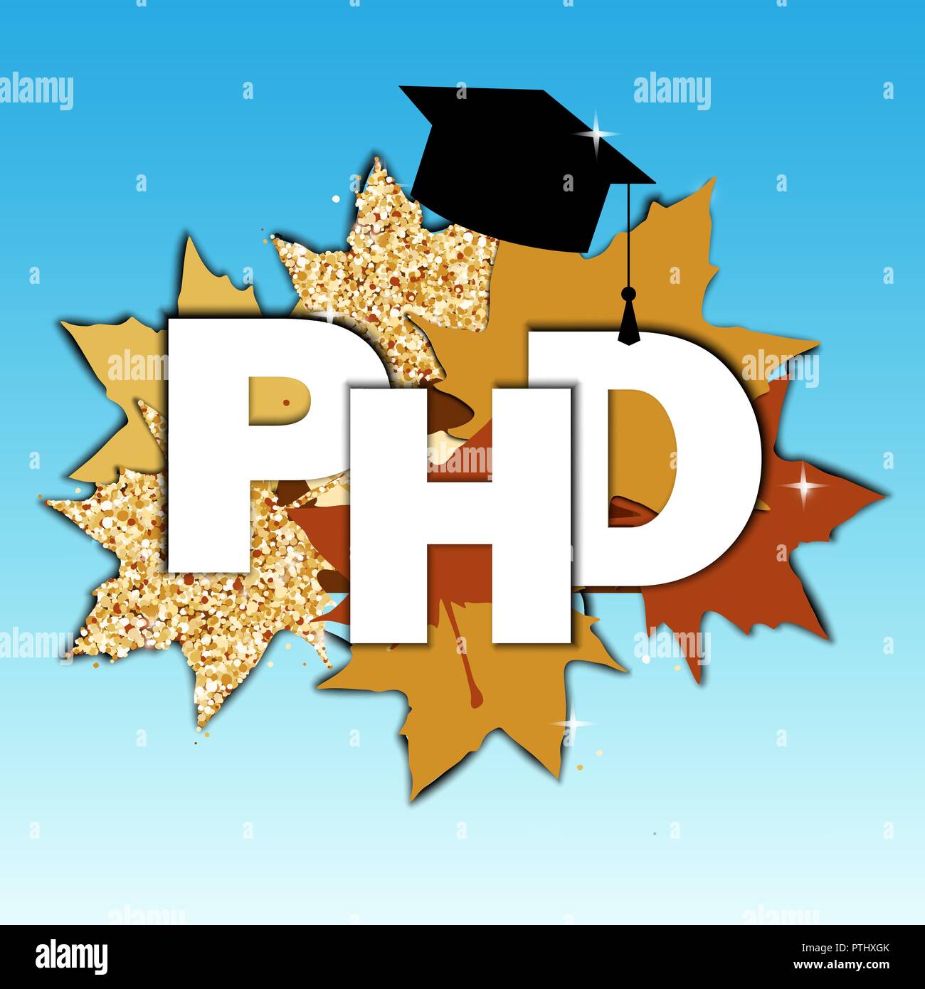 Doctor of Philosophy degree concept. PHD text, graduate hat, and maple leaves composition. Vector illustration Stock Vector