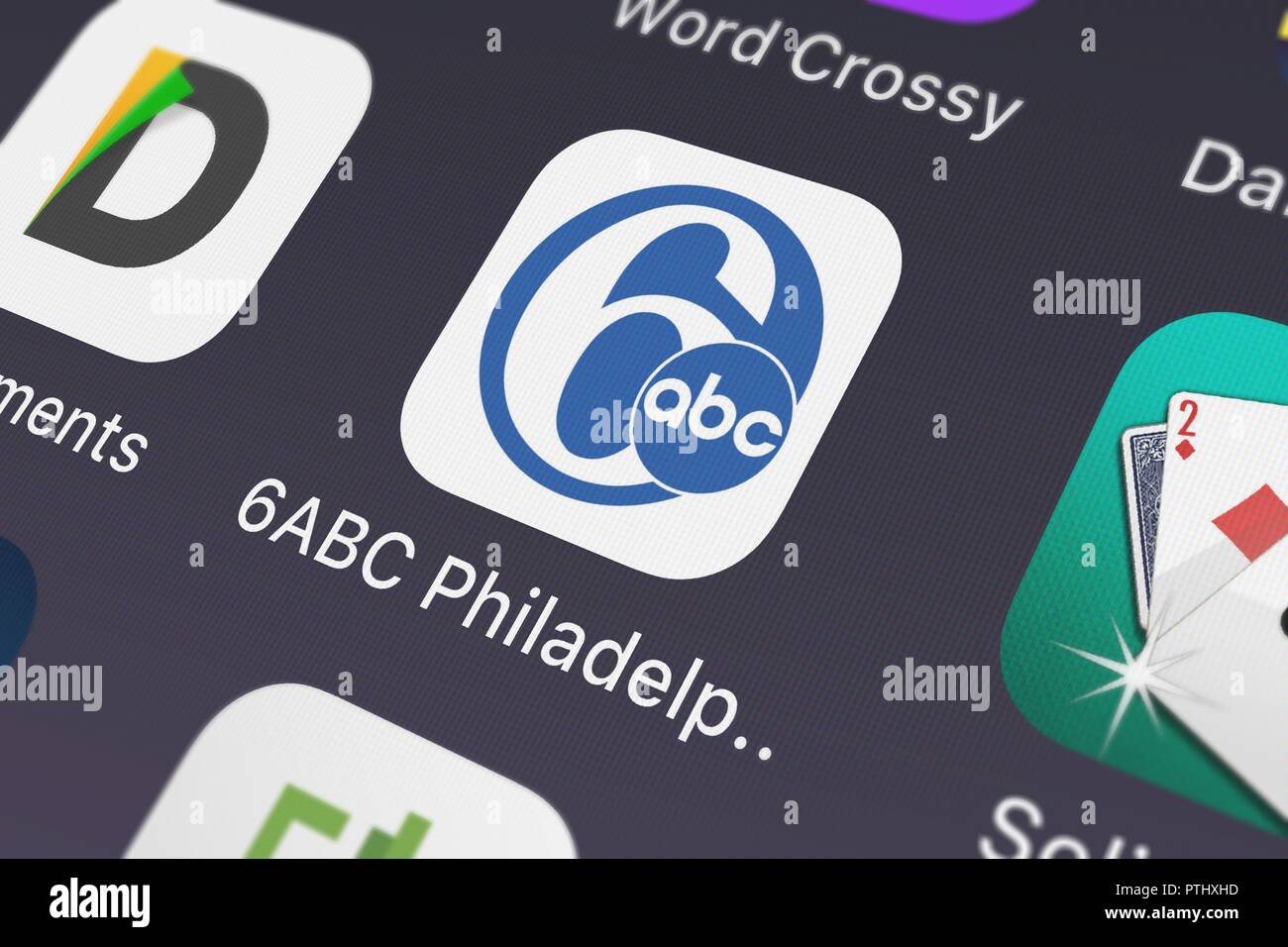 London, United Kingdom - October 09, 2018: Screenshot of ABC Digital's mobile app 6ABC Philadelphia. Stock Photo