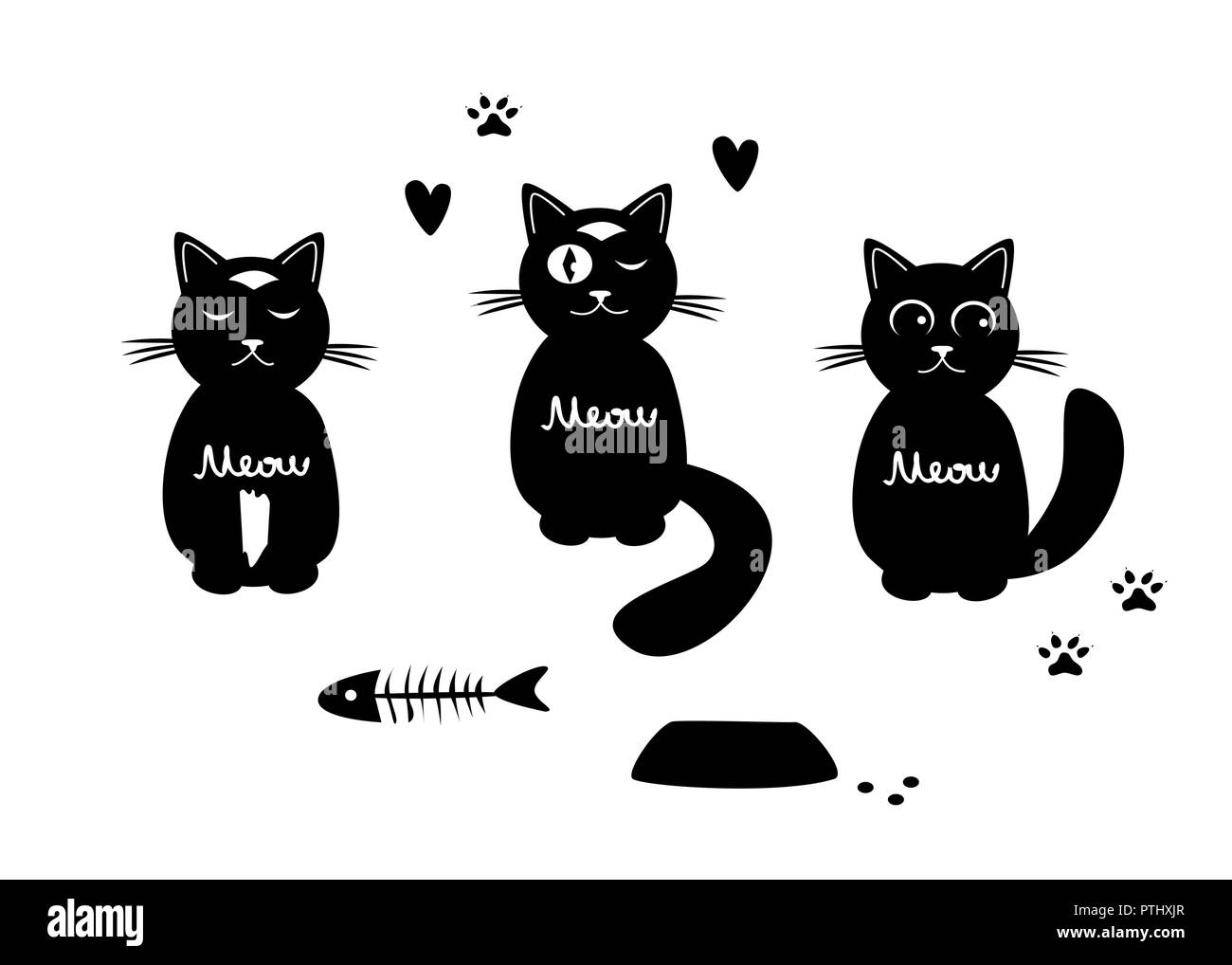 Set with three funny cats and thair food. Vector black and white illustration Stock Vector
