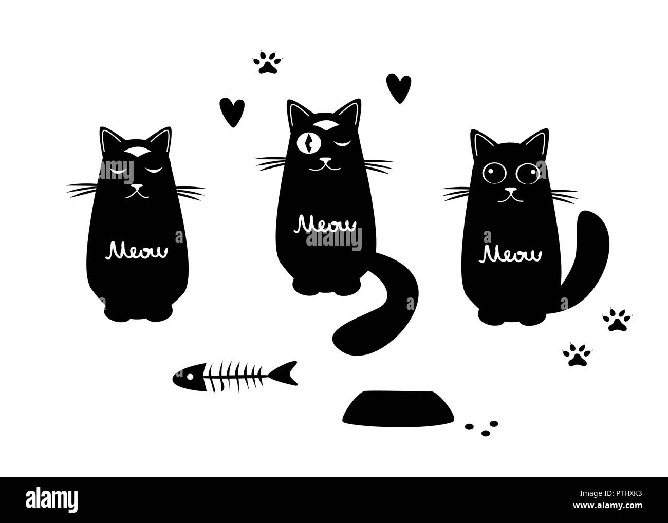 Set with three funny cats and thair food. Vector black and white illustration Stock Vector