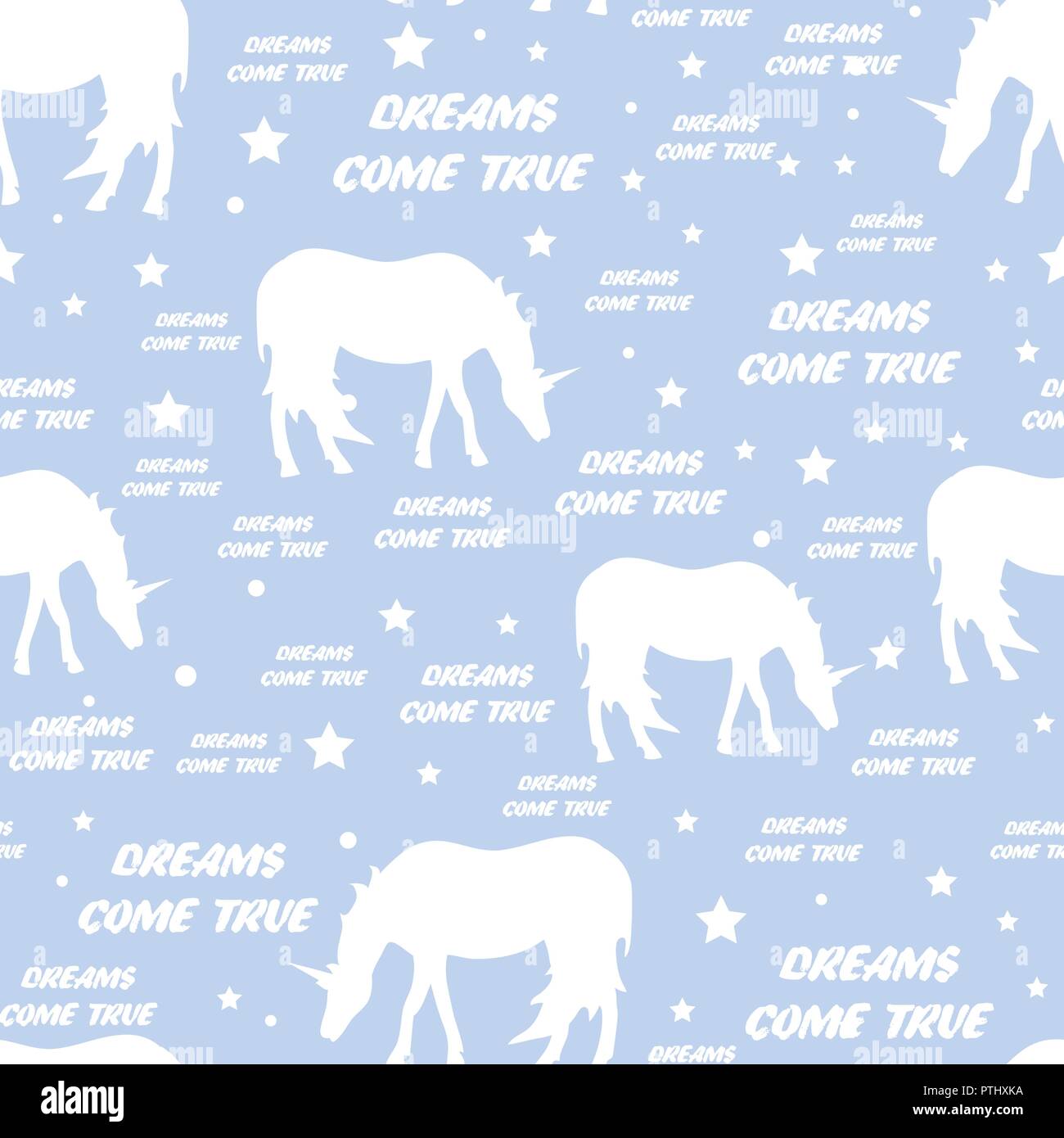 Cute seamless pattern with white magical unicorns and stars on blue ...