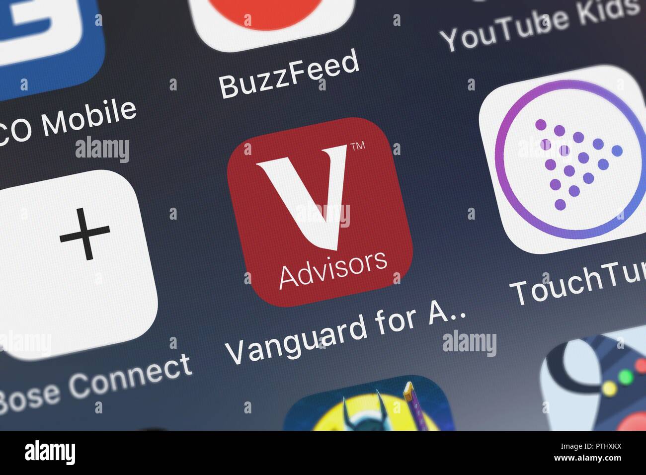 London, United Kingdom - October 09, 2018: Close-up shot of the Vanguard for Advisors application icon from The Vanguard Group, Inc. on an iPhone. Stock Photo