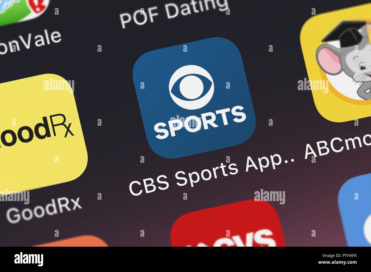 London, United Kingdom - October 09, 2018 The CBS Sports App Scores Stats mobile app from CBS Interactive on an iPhone screen Stock Photo