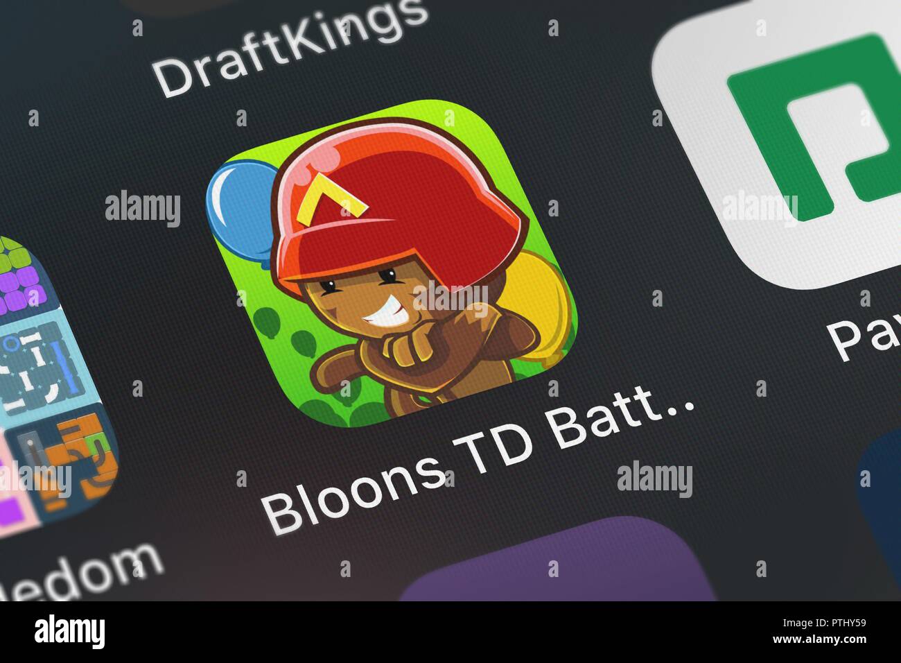 London, United Kingdom - October 09, 2018: Screenshot of the mobile app Bloons TD Battles from Ninja Kiwi. Stock Photo