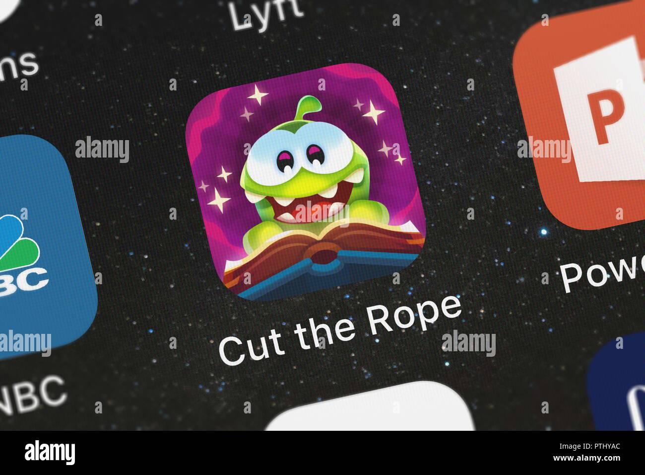 London, United Kingdom - October 09, 2018: Close-up shot of the Cut the Rope:  Experiments ™ application icon from ZeptoLab UK Limited on an iPhone Stock  Photo - Alamy