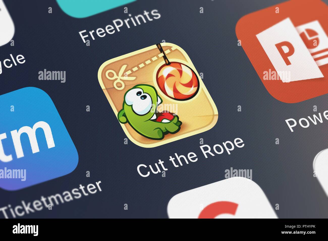 London, United Kingdom - October 09, 2018: Close-up shot of the Cut the Rope:  Experiments ™ application icon from ZeptoLab UK Limited on an iPhone Stock  Photo - Alamy