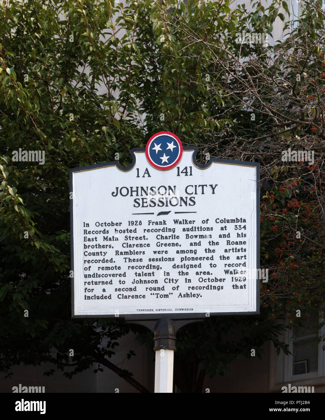 JOHNSON CITY, TN, USA-9/30/18: An Historic Commission marker relating a series of early recording of traditional Appalachian and country music. Stock Photo