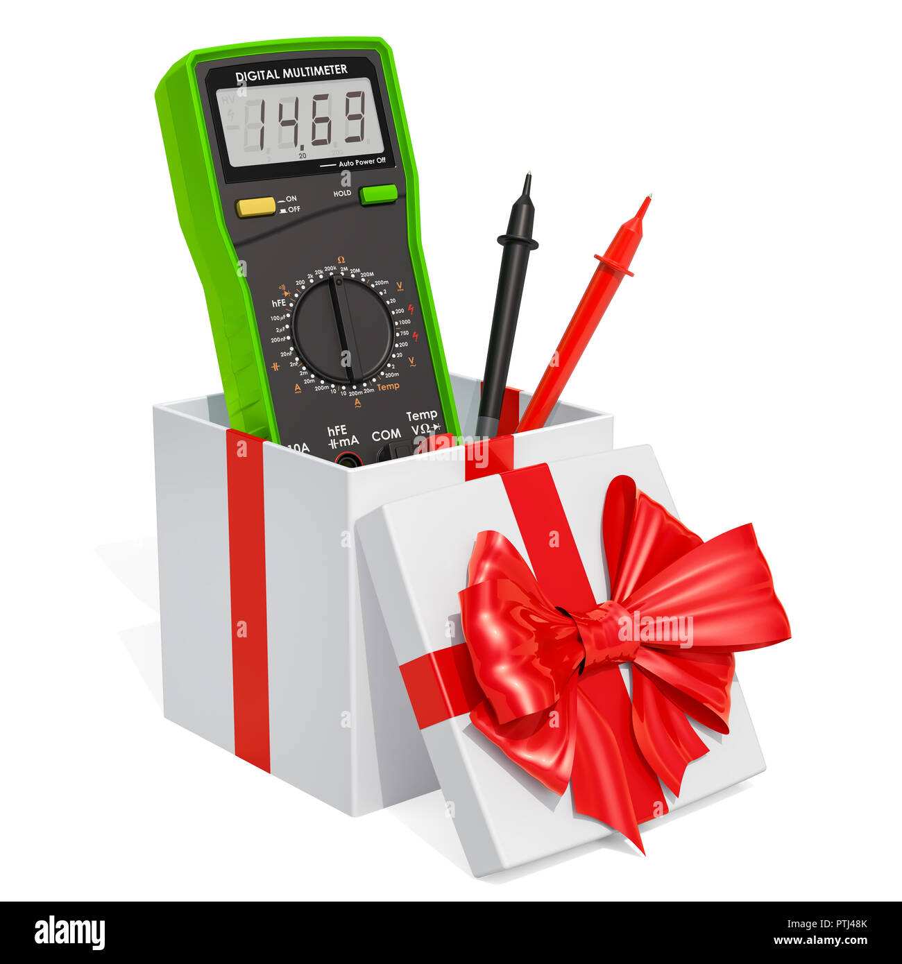 Gift concept, digital multimeter inside gift box. 3D rendering isolated ...