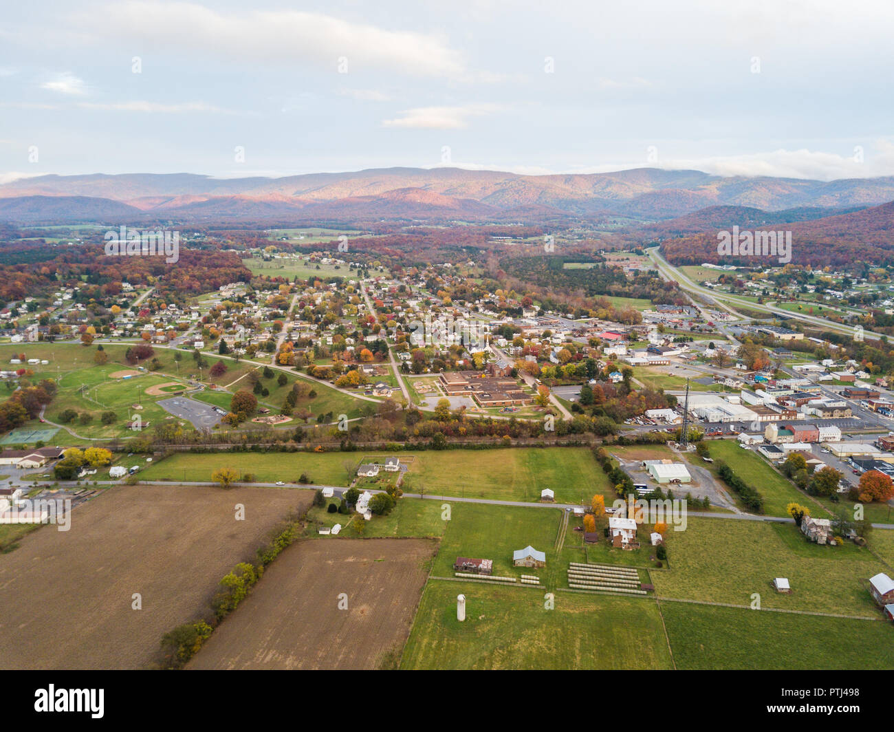 Aerial of the small town of Elkton, Virginia in the Shenandoah Valley