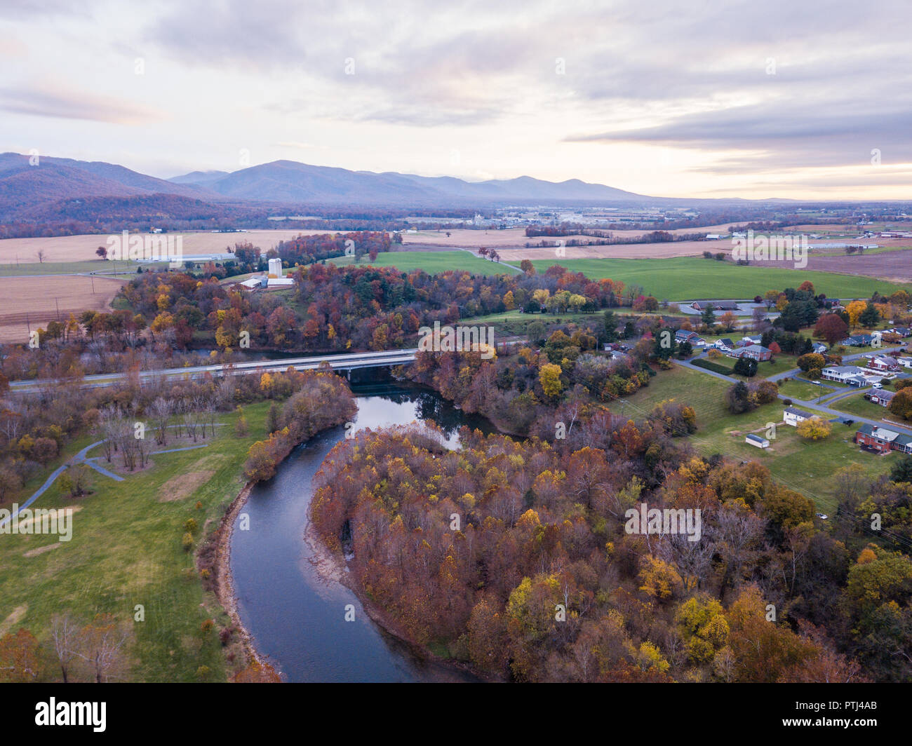 Aerial of the small town of Elkton Virginia in the Shenandoah