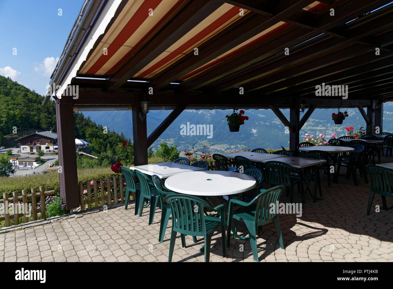 View from one of the restaurants high up on the Col de la Forclaz above Lake Annecy France Stock Photo
