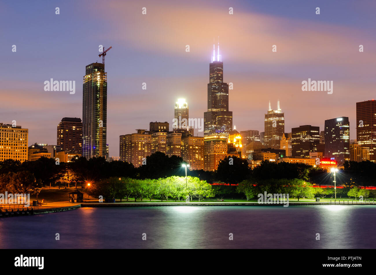 Willis Tower and Chicago skyline at night Stock Photo