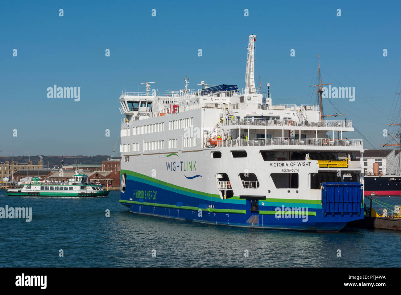 wightlink isle of wight hybrid powered energy efficient green ferry service to the isle of wight from Portsmouth harbour. Stock Photo