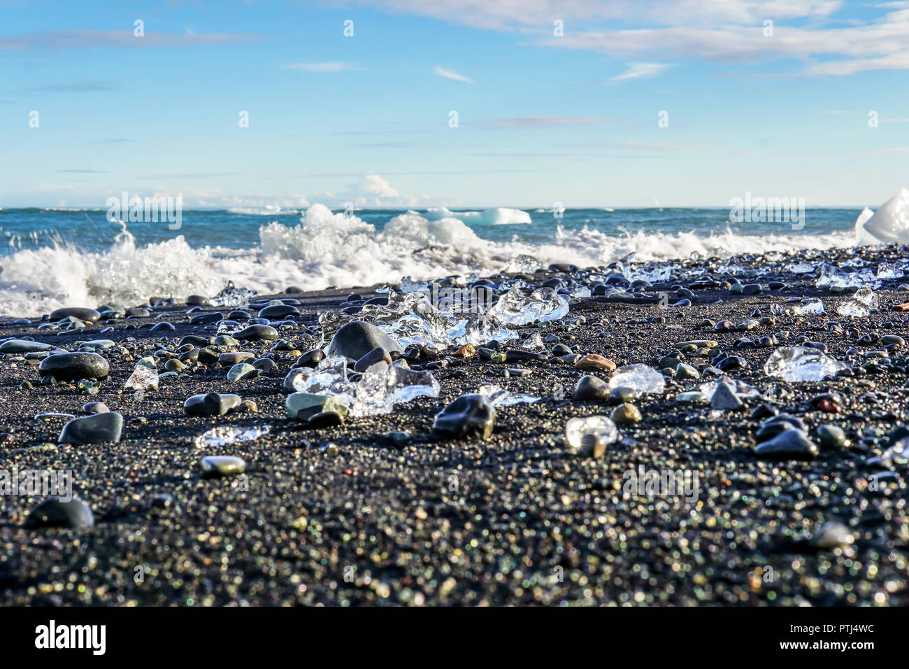 Melting iceblocks on the Diamonf Beach of Iceland Stock Photo