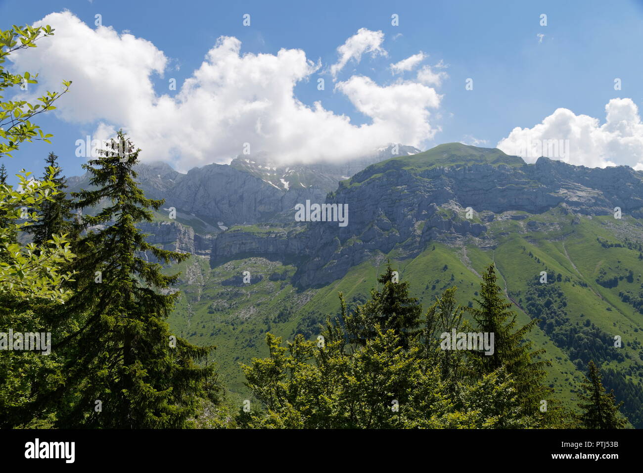 View towards La Tournette from a footpath trail in the forests around Col de la Forclaz France Stock Photo