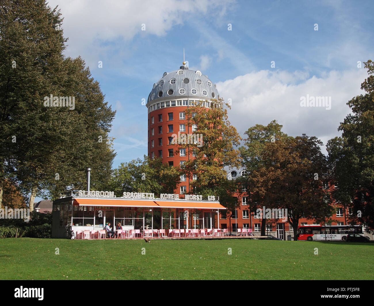 The T-huis pavillion in the Valkenberg park in the city centre of Breda, the Netherlands. It was designed by artist John Kormeling in 1995. Stock Photo