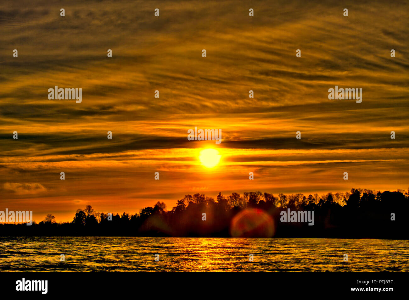 Colorful sun above the trees just minutes before setting. Bright light causing a flare on the photo. Stock Photo