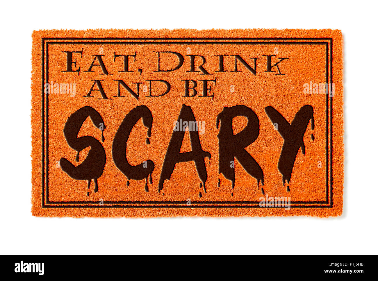Eat, Drink and Be Scary Halloween Orange Welcome Mat Isolated on White Background. Stock Photo