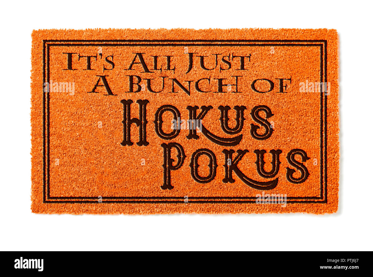 It's All A Bunch Of Hokus Pokus Halloween Orange Welcome Mat Isolated on White Background. Stock Photo