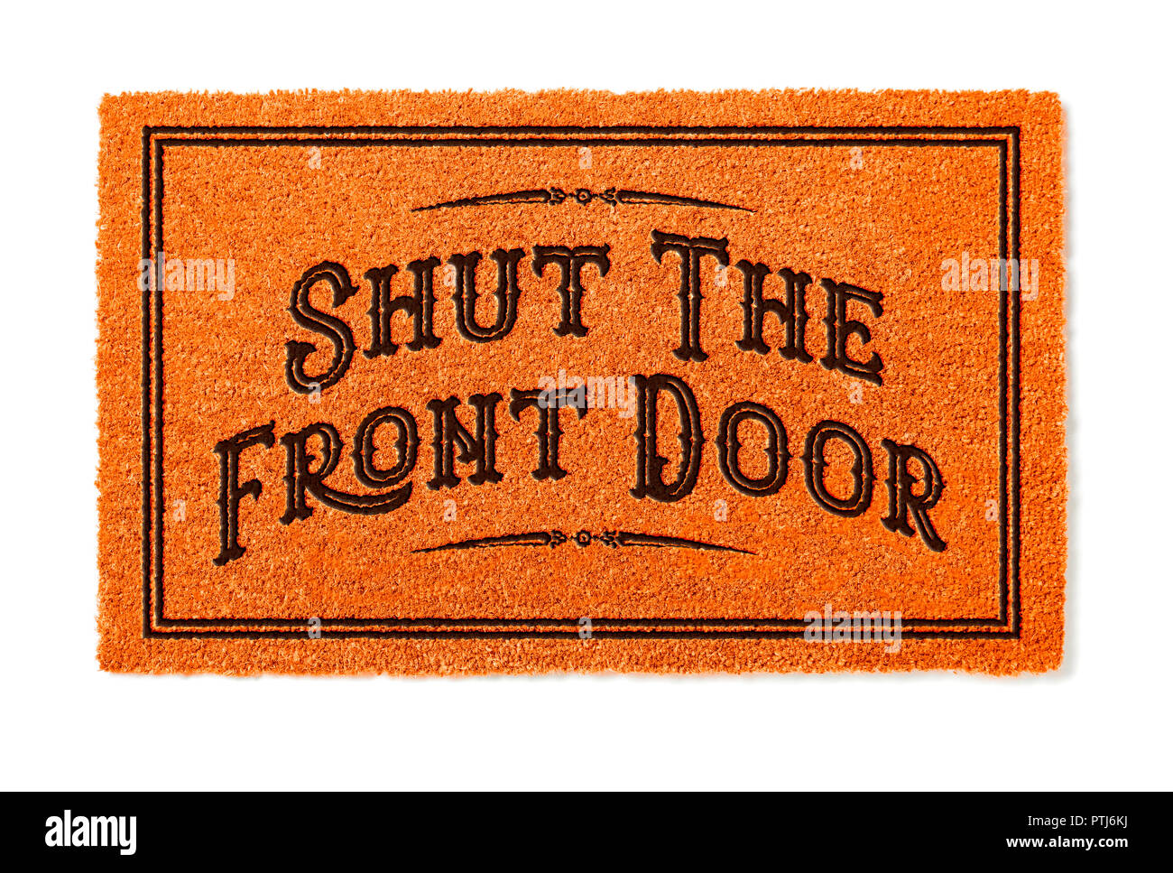 Shut The Front Door Halloween Orange Welcome Mat Isolated on White Background. Stock Photo