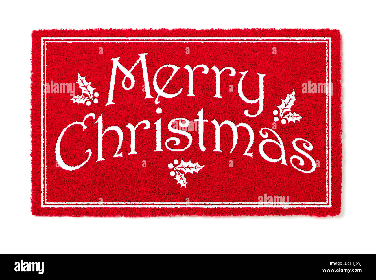 Merry Christmas Red Welcome Mat Isolated on White Background. Stock Photo