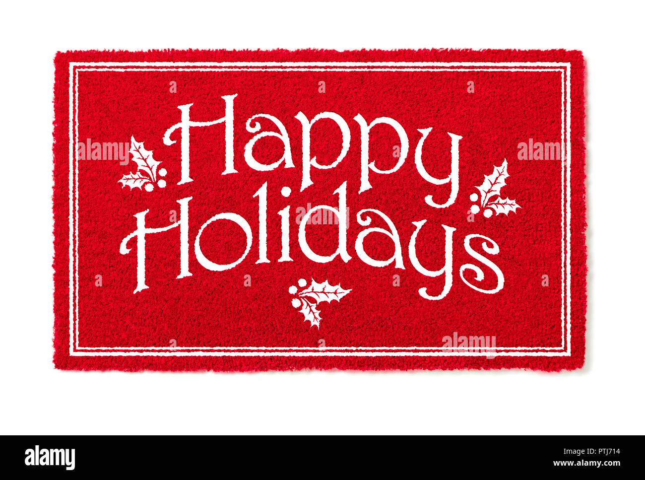 Happy Holidays Christmas Red Welcome Mat Isolated on White Background. Stock Photo