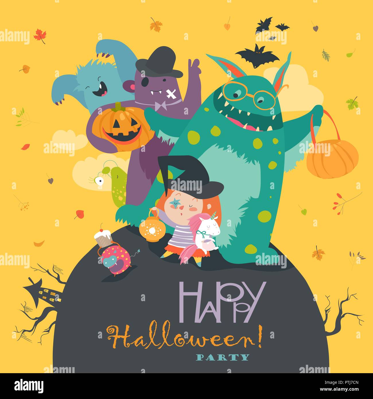 Cute girl with funny monsters. Halloween party Stock Vector