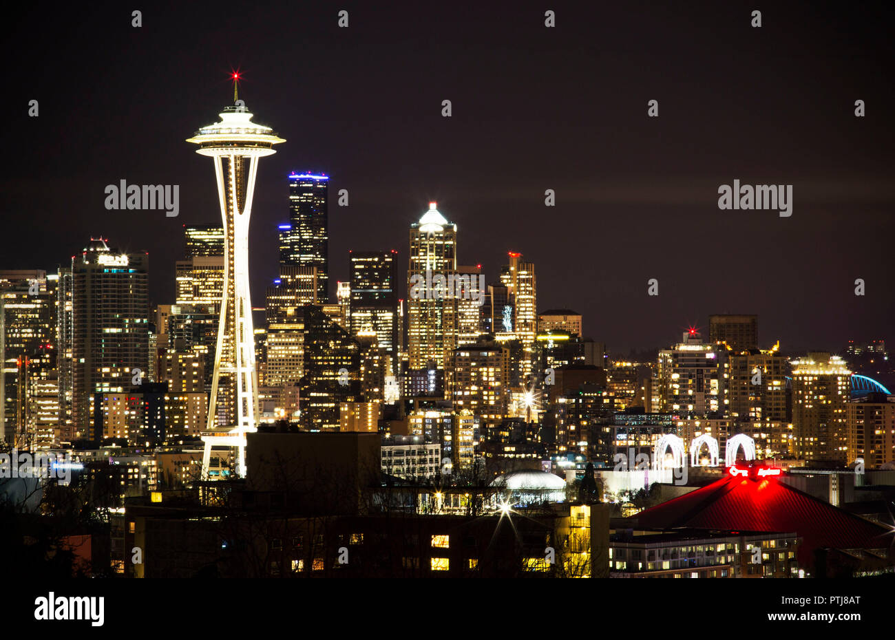 A photo of the Seattle skyline at night Stock Photo