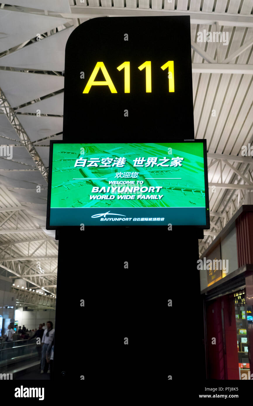 Boarding gate entrance number signboard in departure area.Guangzhou Baiyun International airport, China. Stock Photo