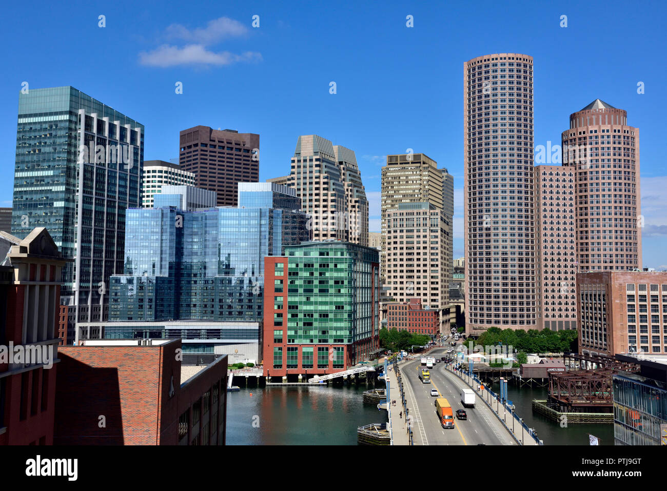 Downtown Boston skyline. Seaport Blvd leading into the commercial district. Stock Photo