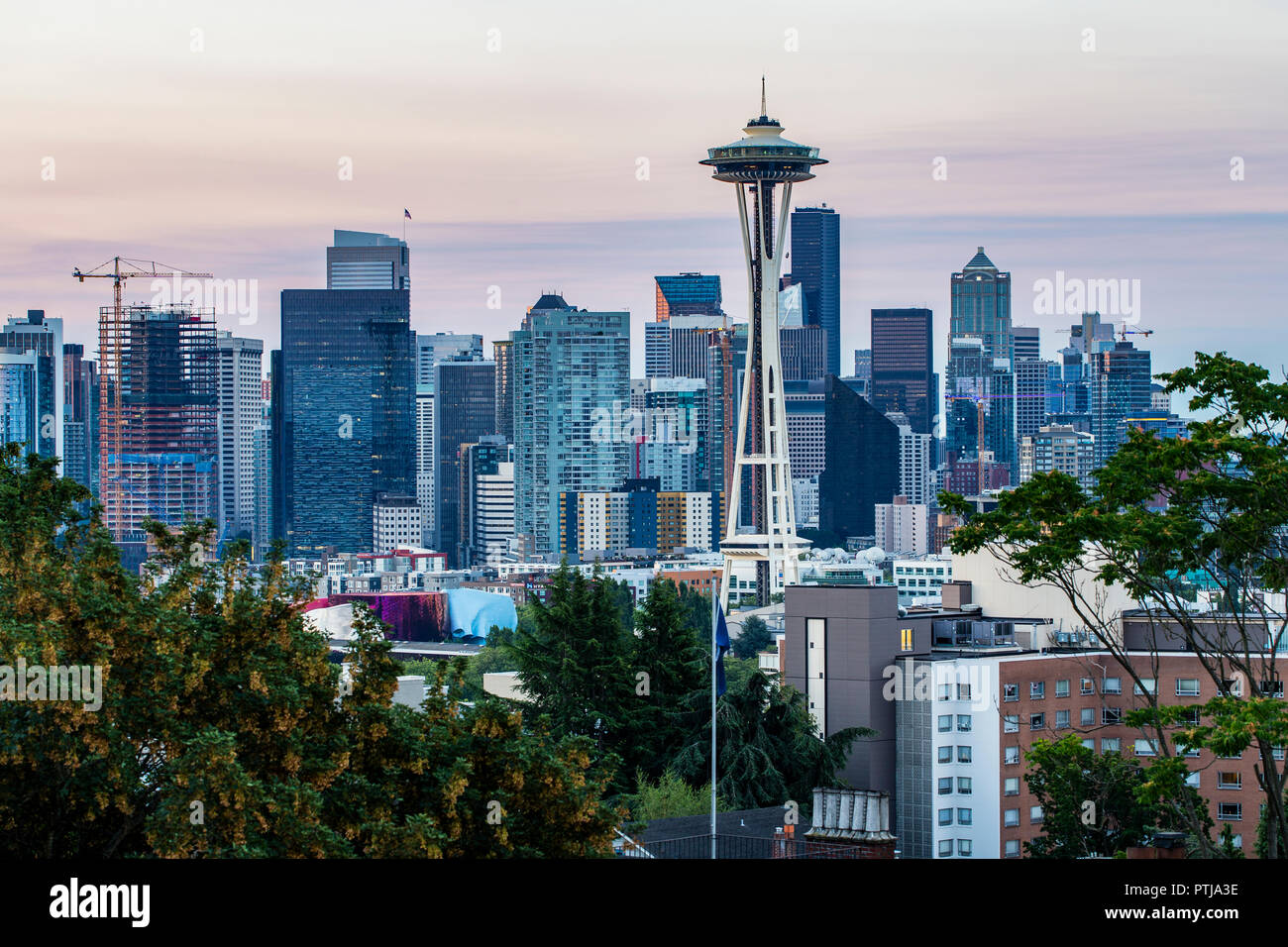 A photo of the Seattle skyline during dawn Stock Photo