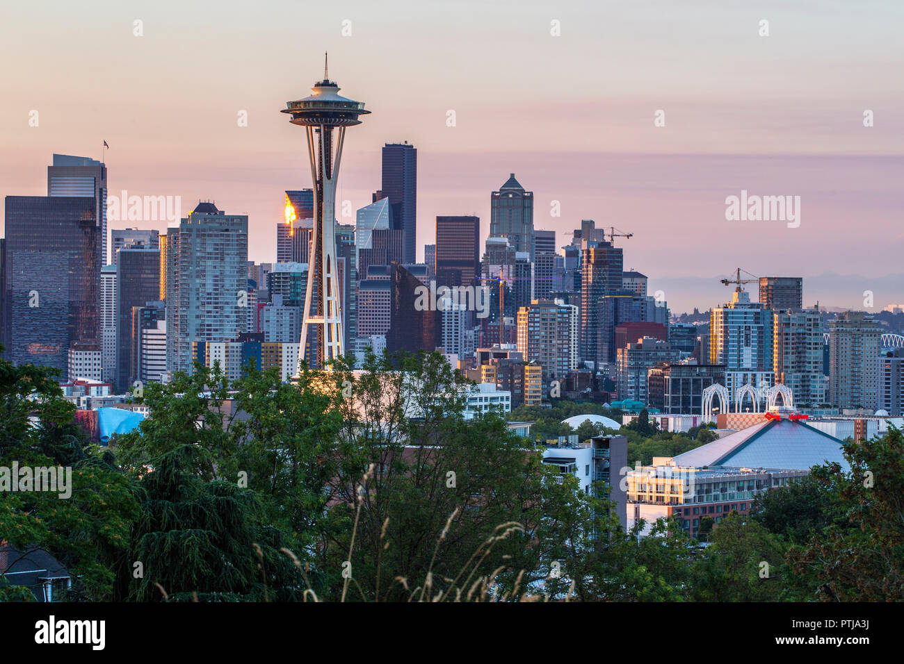 A photo of the Seattle Skyline at dawn Stock Photo