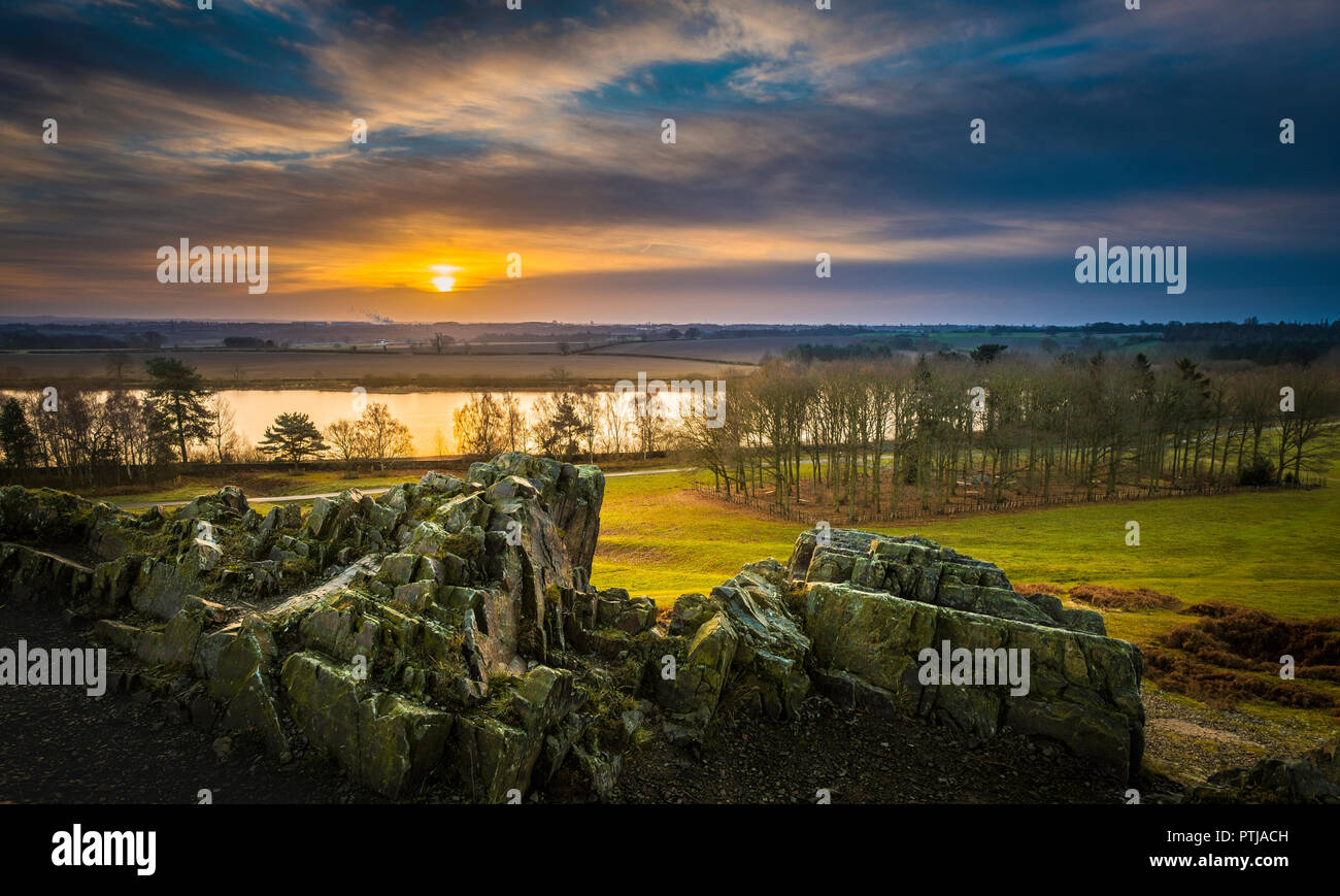 Sunrise over Cropston Reservoir seen from Charnwood Forest in Leicestershire. Stock Photo