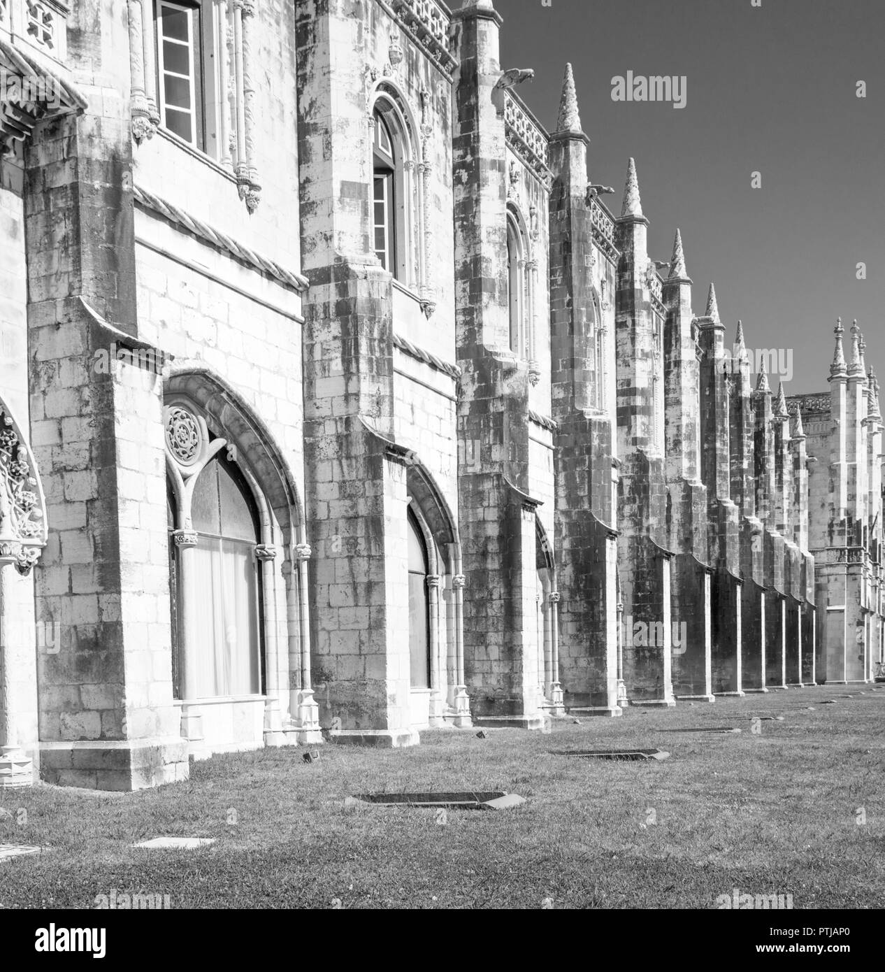 Black and white photograph of the Jeronimos Monastery in Lisbon Portugal Stock Photo