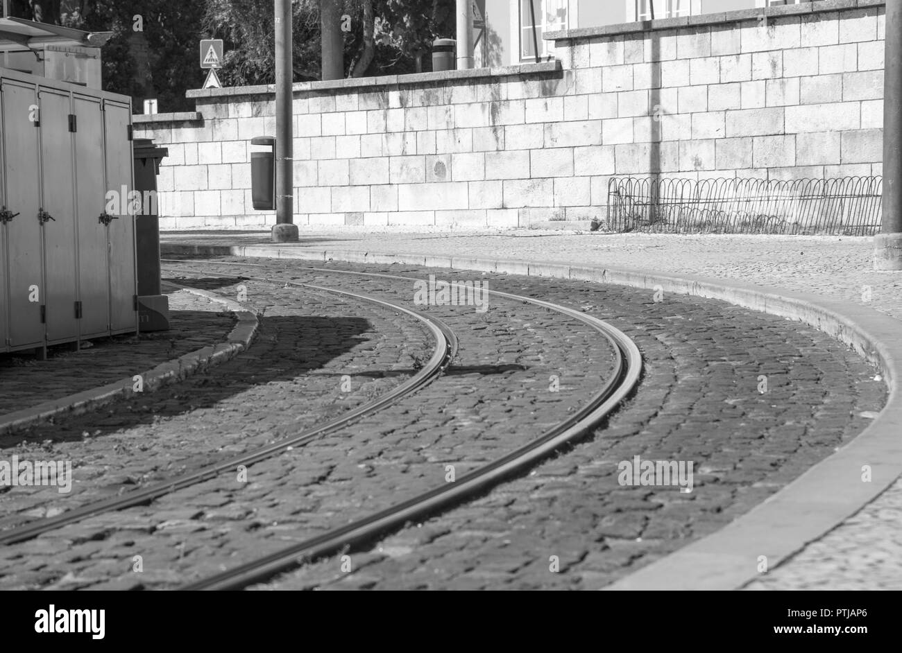 Tram tracks used by trams in Lisbon Portugal Stock Photo