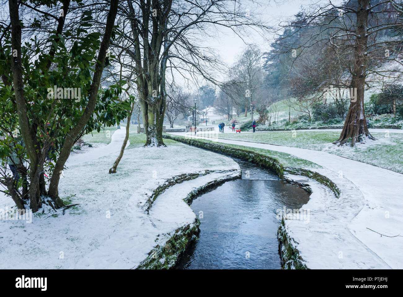 Snow falling in Trenance Gardens in Newquay in Cornwall Stock Photo Alamy