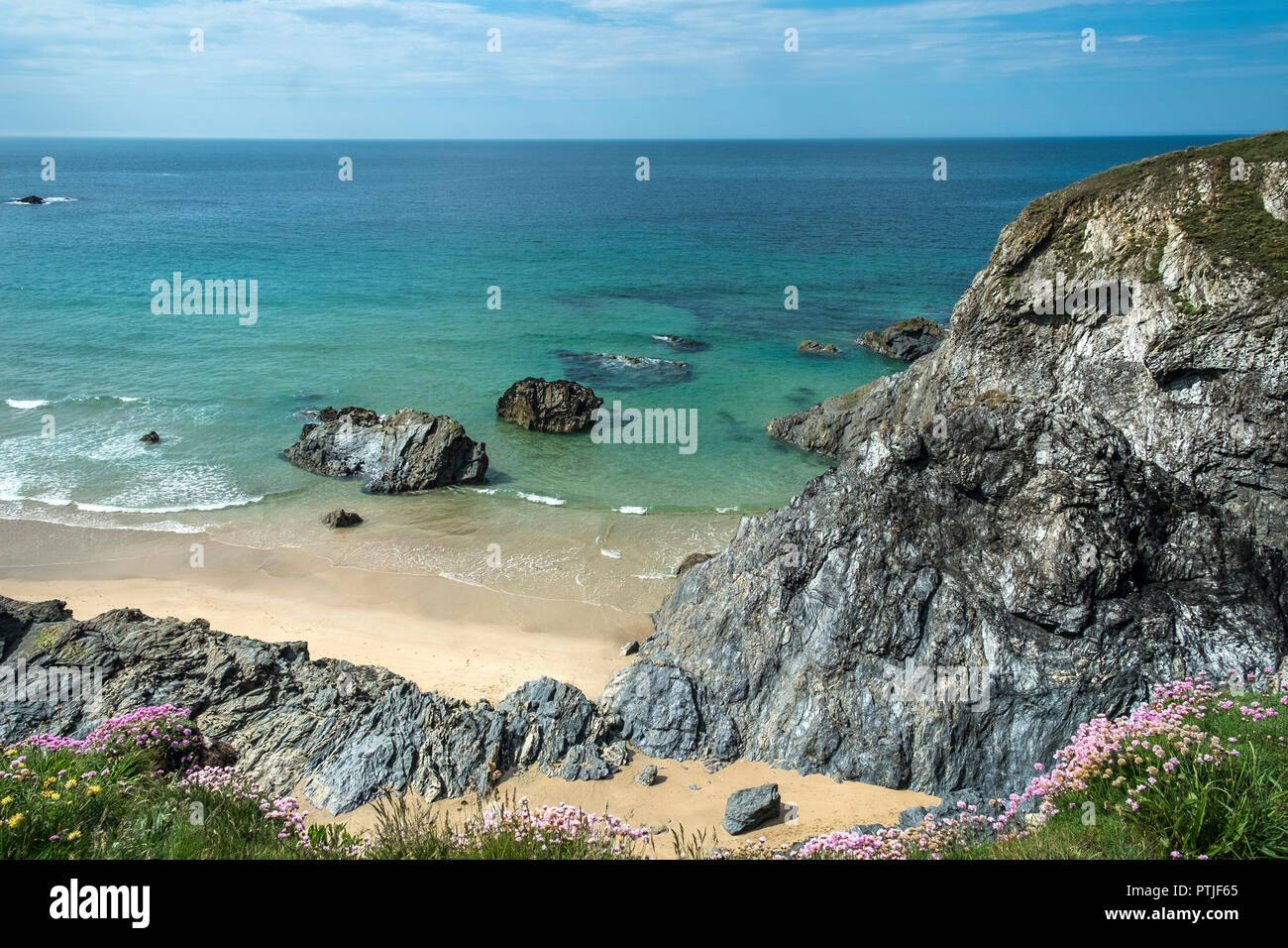 The rugged rocks around West Pentire on the North Cornwall coast. Stock Photo