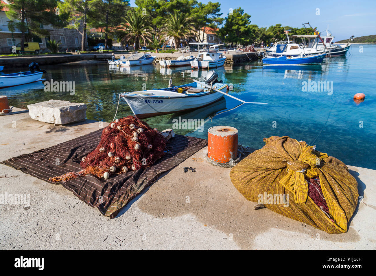Fishing nets drying out at Loviste. Stock Photo