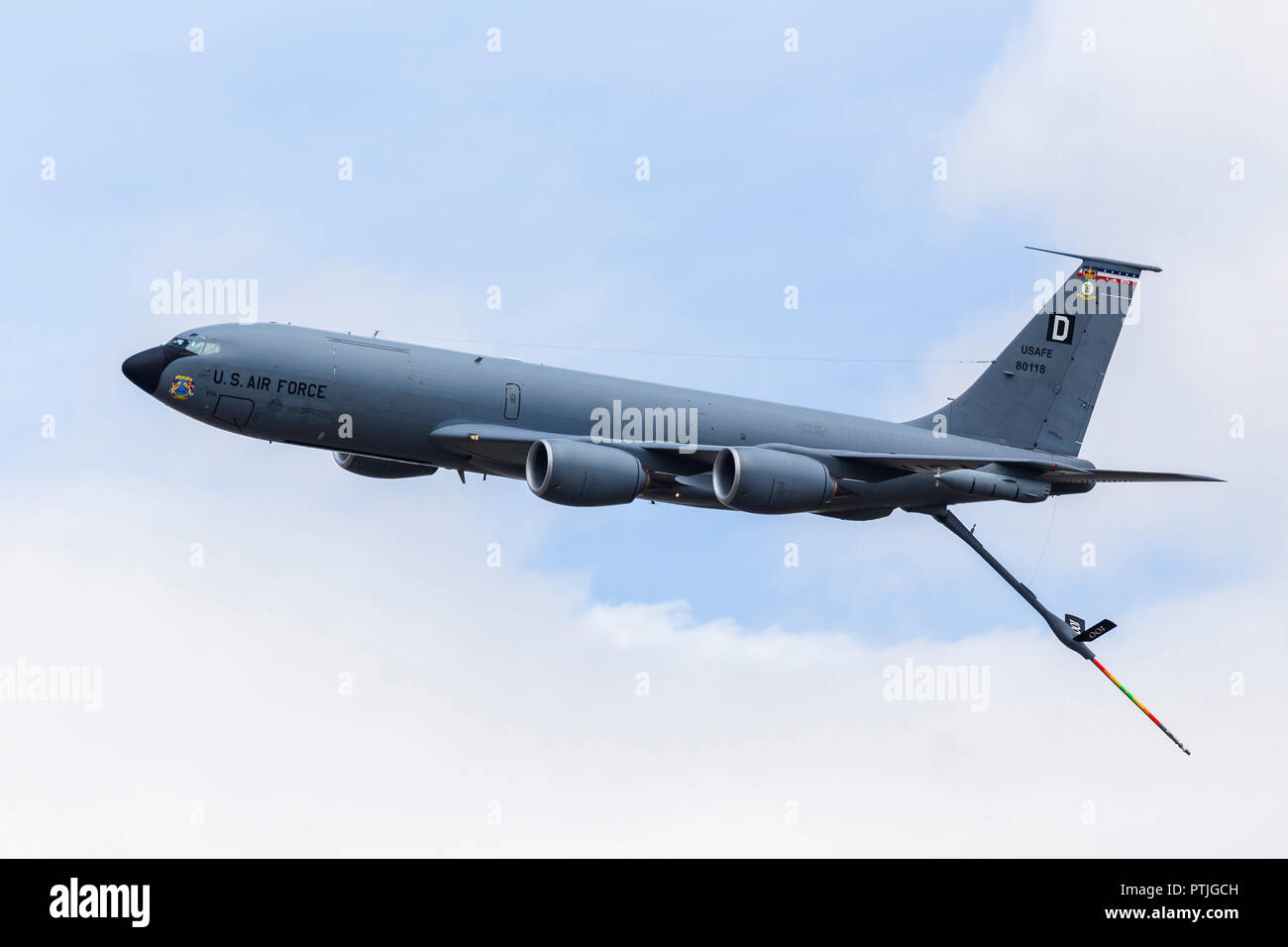 USAF KC-135R trailing its aerial refuelling boom. Stock Photo