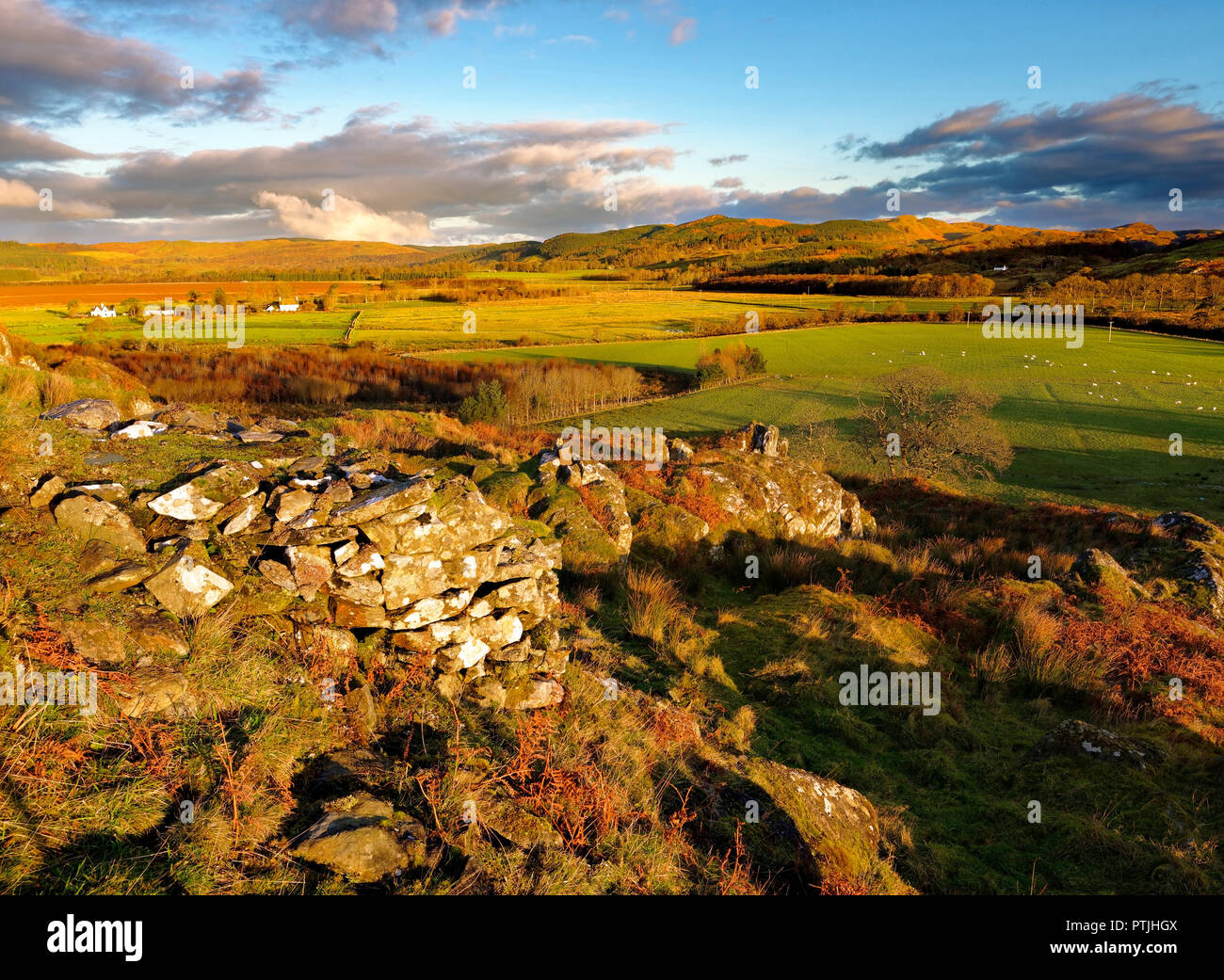 An autumn view of the farmland surrounding Dunadd Fort hillfort in a ...