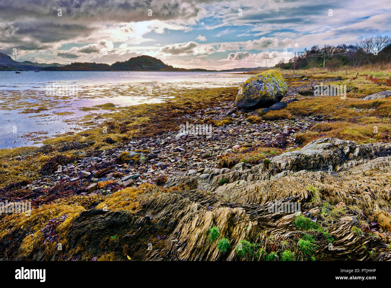 A winter view of Loch Craignish in the Scottish Highlands at low tide. Stock Photo