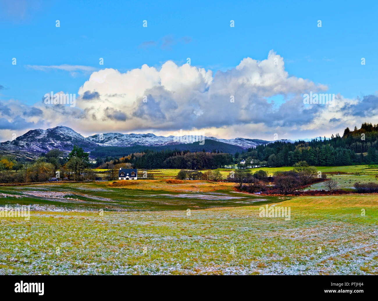 A winter view of the farmland and countryside near Lochgilphead in the Scottish Highlands. Stock Photo